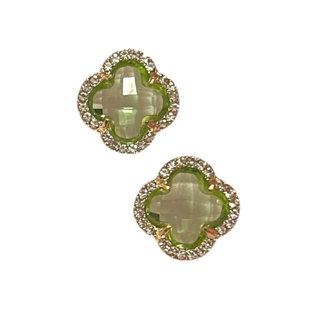 Elegant Blue And Light Green Crystal Clover Gold Tone Stud Earrings